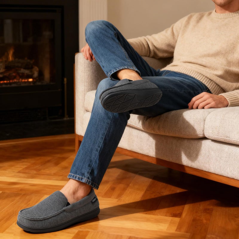 ULTRAIDEAS Men's Moc-Toe Slippers Loafer House Shoes Indoor Outdoor Memory Foam with Breathable&Warm Knit Upper, Charcoal Grey, 8 US - Image 2